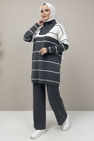 Çizgili Fermuarlı Triko Takım - 27997-ANTRASIT 