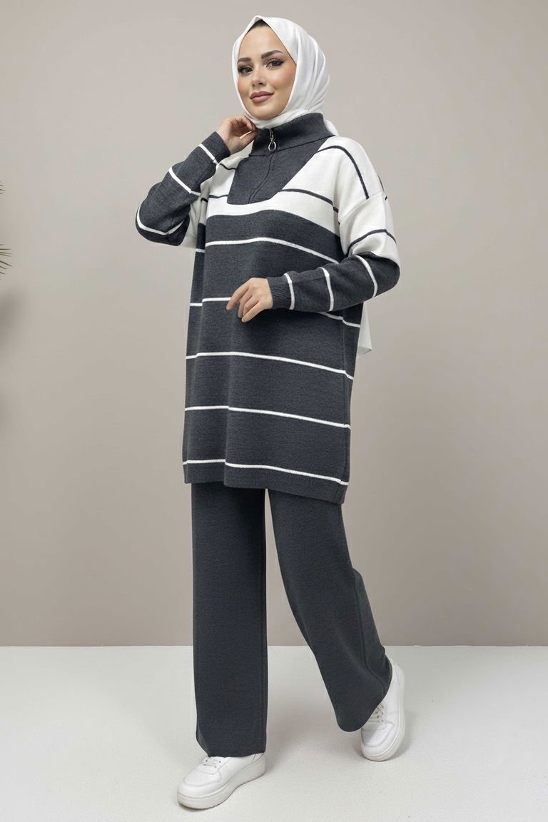 Çizgili Fermuarlı Triko Takım - 27997-ANTRASIT - TOFİSA