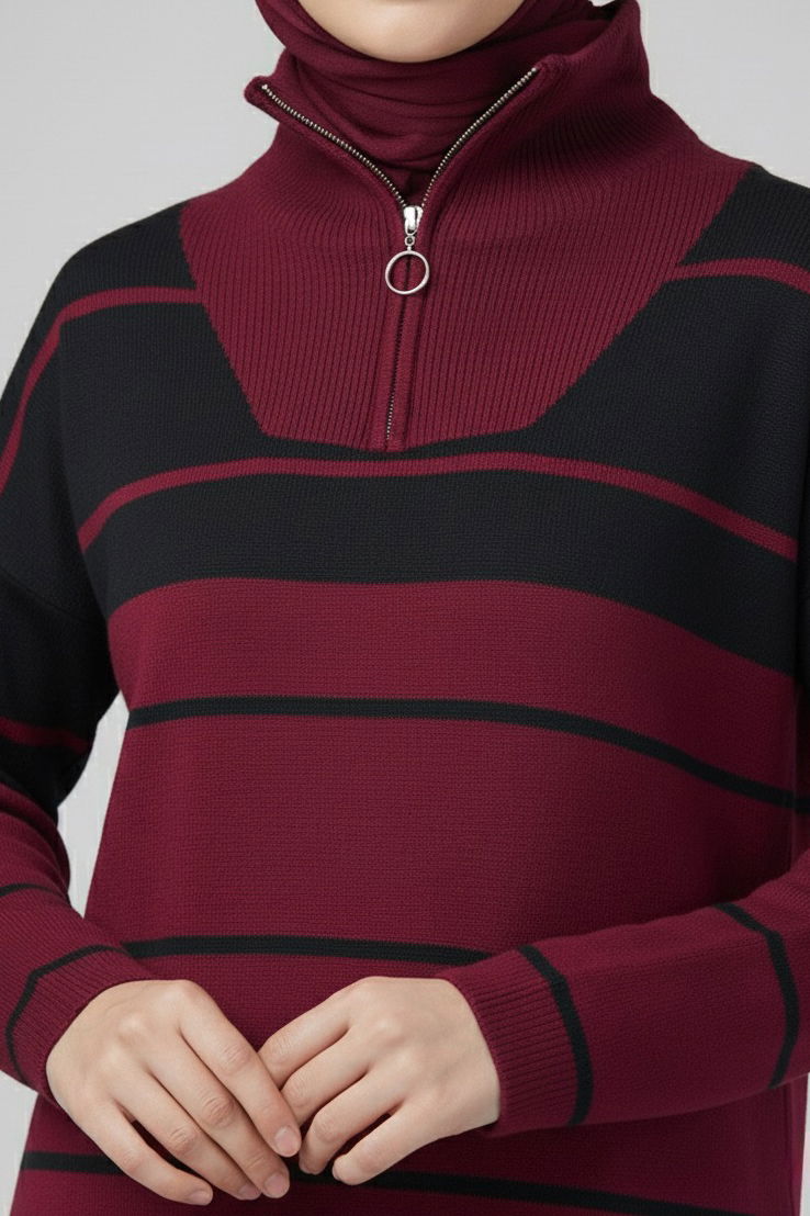 Çizgili Fermuarlı Triko Takım - 27997-BORDO - 2