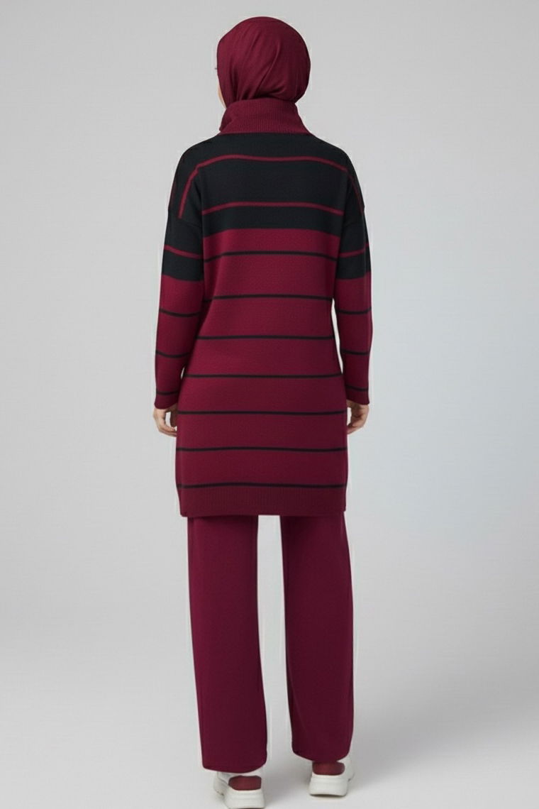 Çizgili Fermuarlı Triko Takım - 27997-BORDO - 3