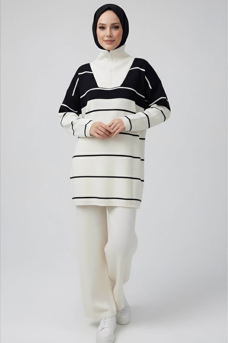 Çizgili Fermuarlı Triko Takım - 27997-EKRU - TOFİSA
