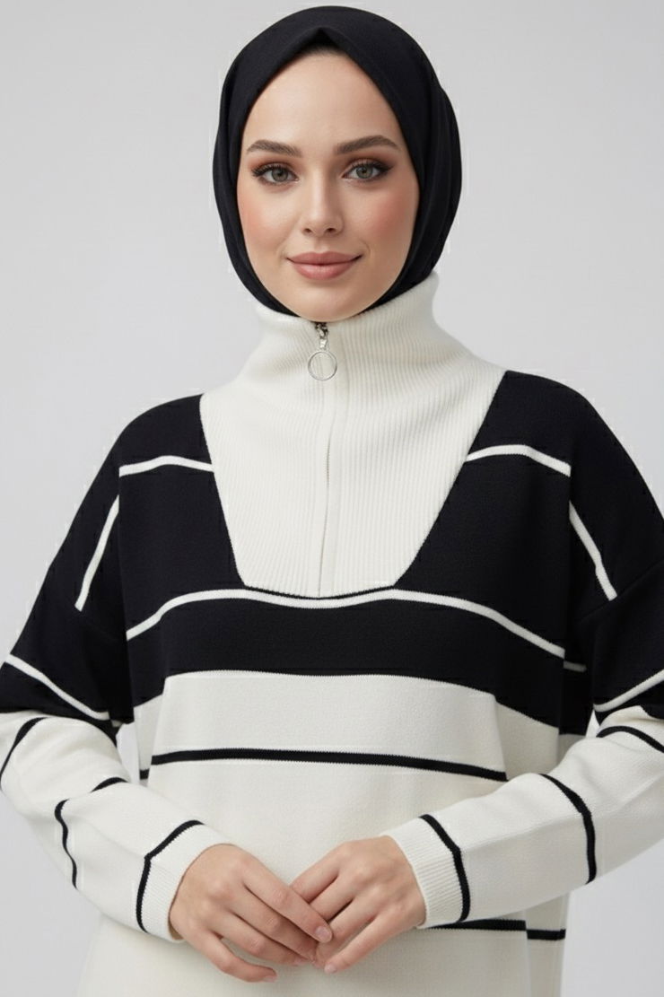 Çizgili Fermuarlı Triko Takım - 27997-EKRU - 2