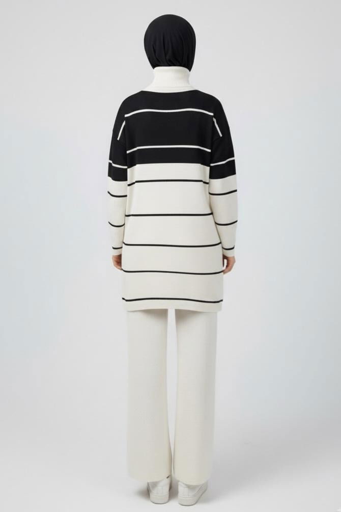 Çizgili Fermuarlı Triko Takım - 27997-EKRU - 4