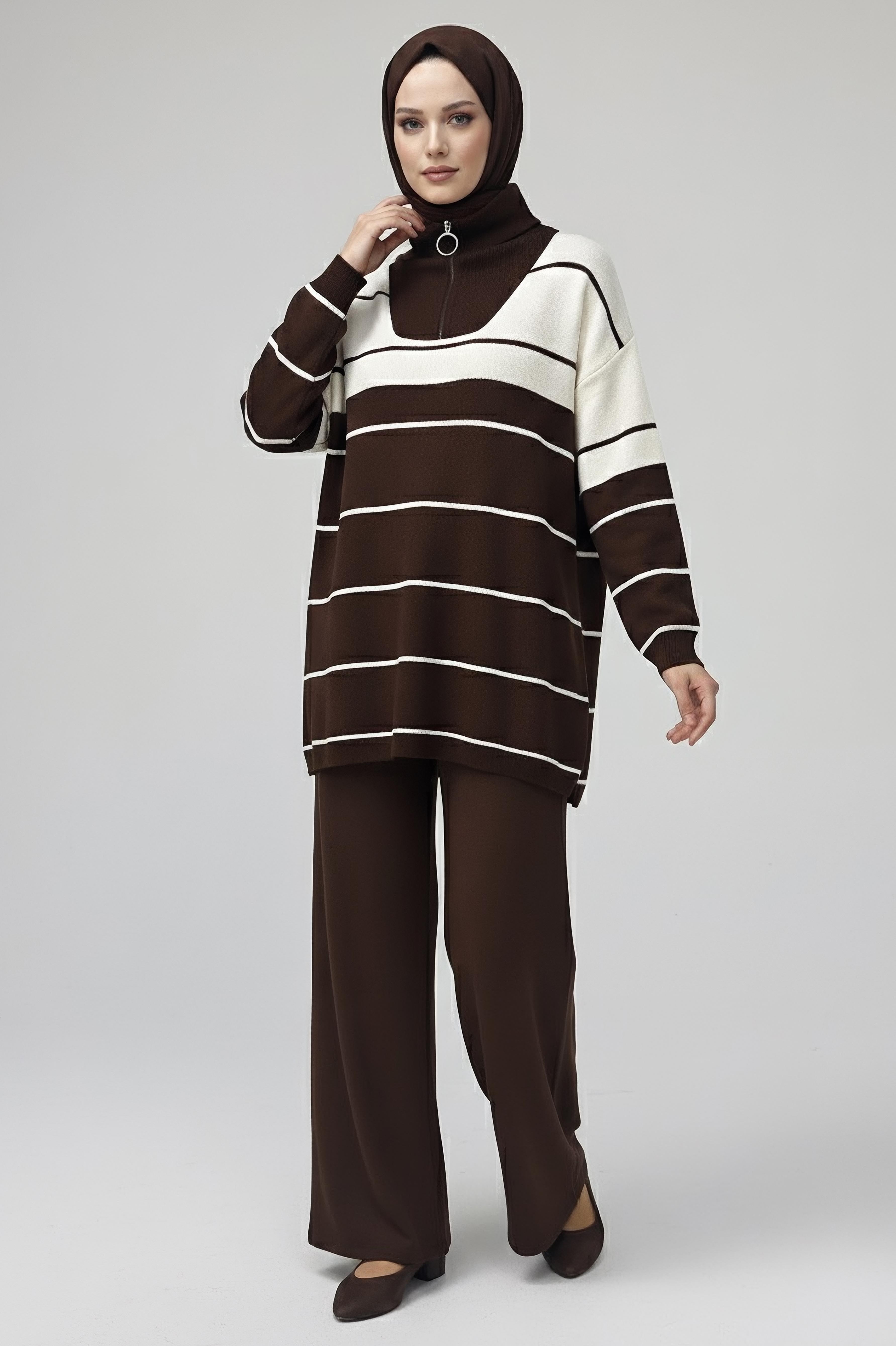 Çizgili Fermuarlı Triko Takım - 27997-KAHVE - 1