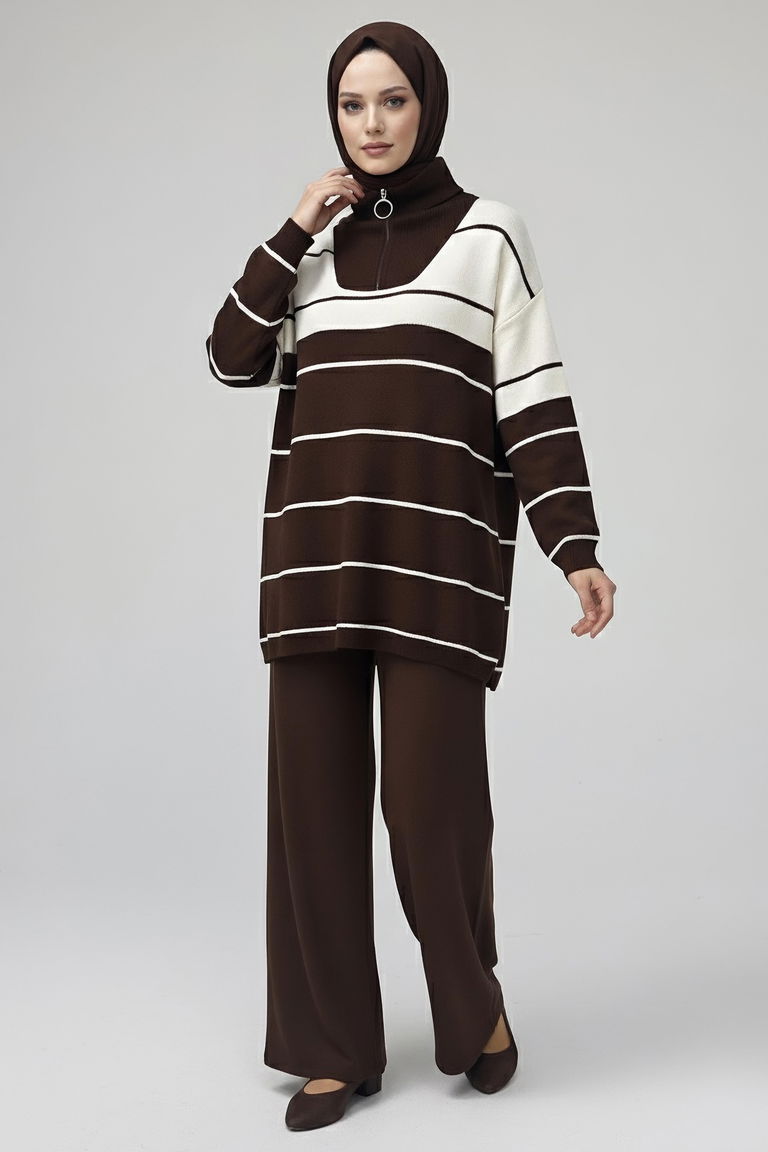 Çizgili Fermuarlı Triko Takım - 27997-KAHVE - TOFİSA