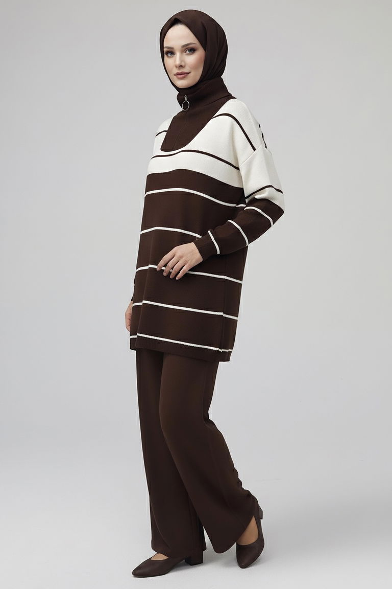 Çizgili Fermuarlı Triko Takım - 27997-KAHVE - TOFİSA