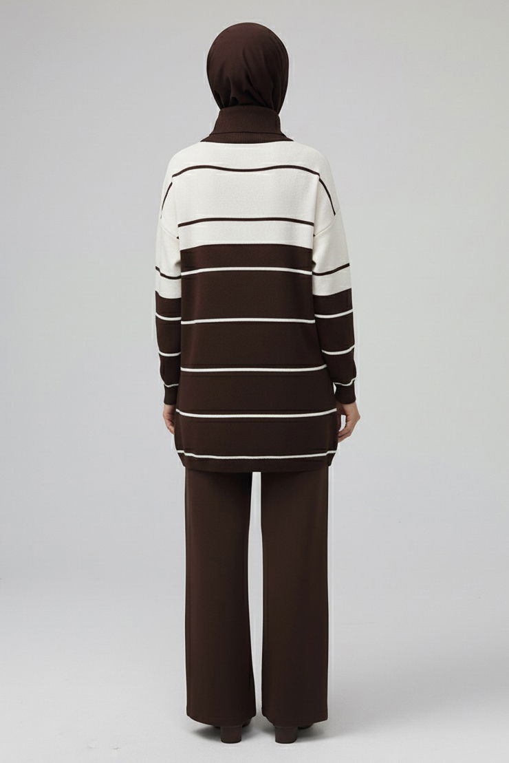 Çizgili Fermuarlı Triko Takım - 27997-KAHVE - 3