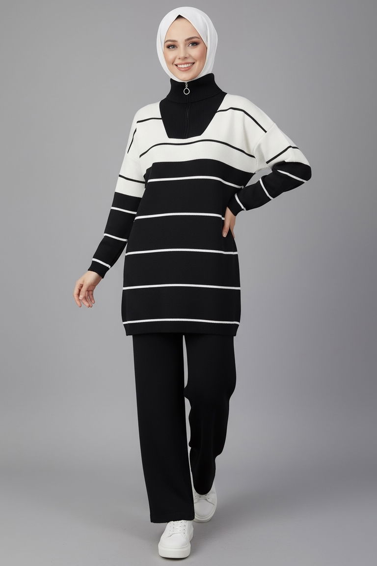 Çizgili Fermuarlı Triko Takım - 27997-SIYAH - TOFİSA