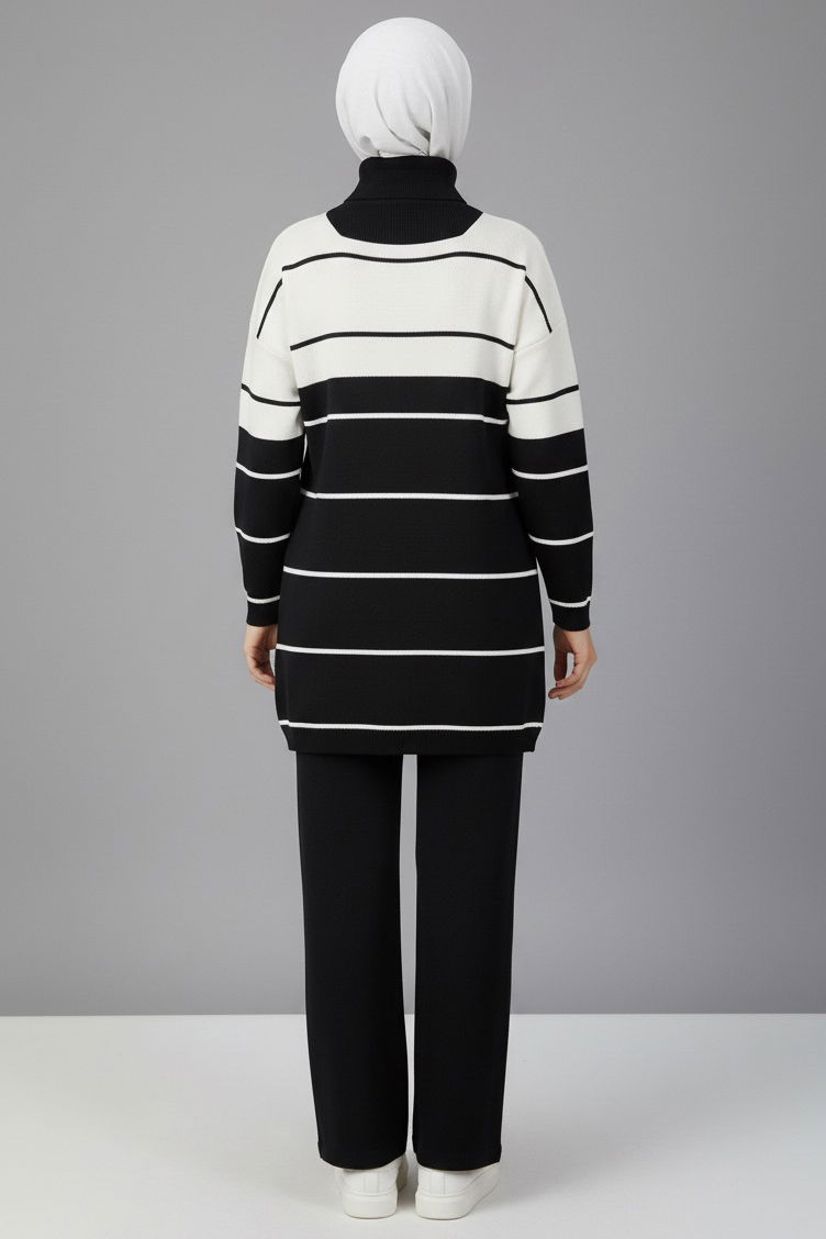 Çizgili Fermuarlı Triko Takım - 27997-SIYAH - TOFİSA