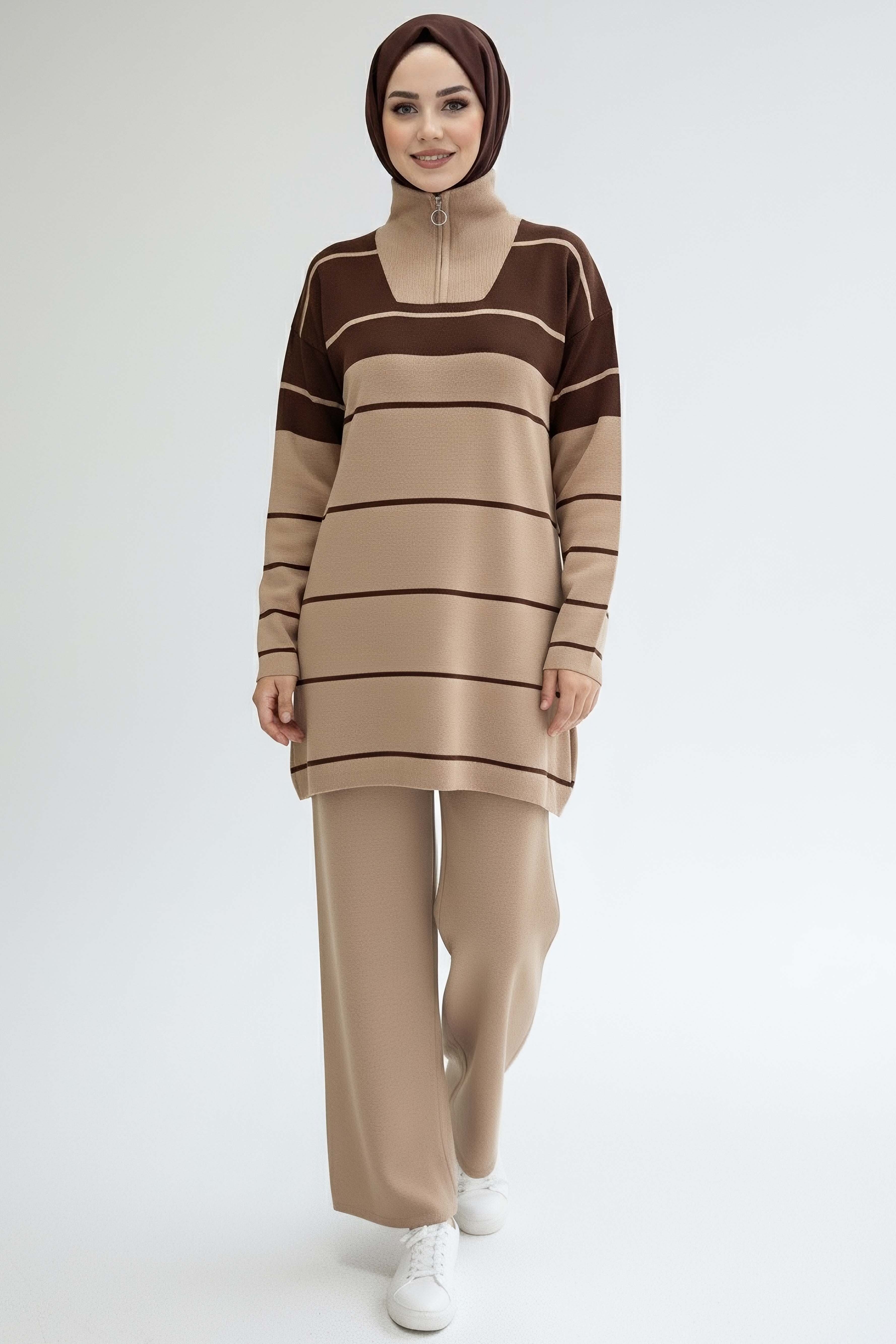 Çizgili Fermuarlı Triko Takım - 27997-VIZON - 1