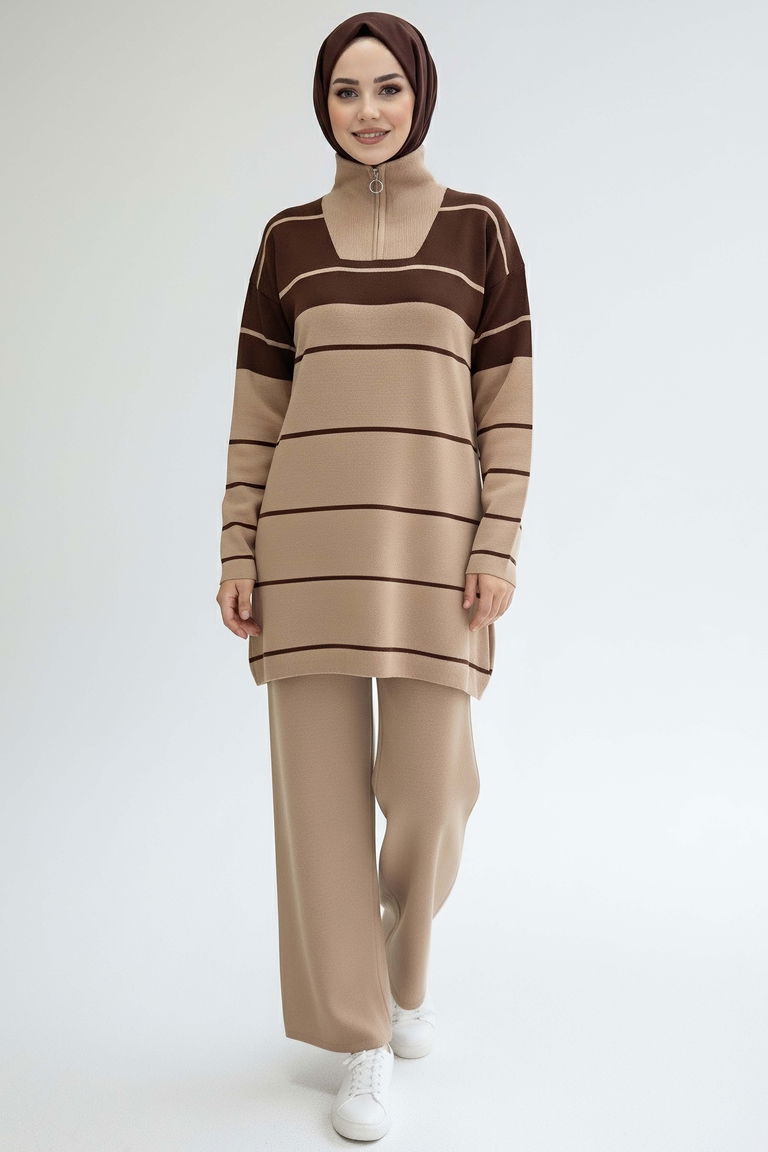 Çizgili Fermuarlı Triko Takım - 27997-VIZON - TOFİSA