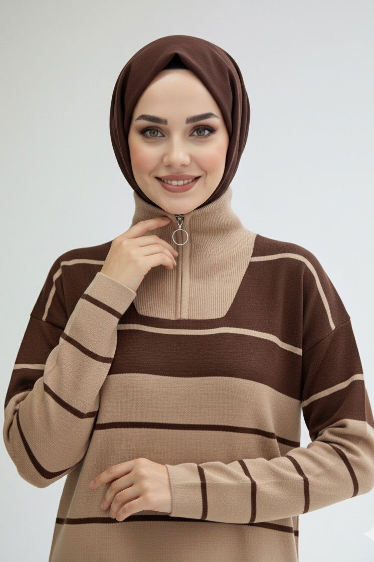 Çizgili Fermuarlı Triko Takım - 27997-VIZON - TOFİSA