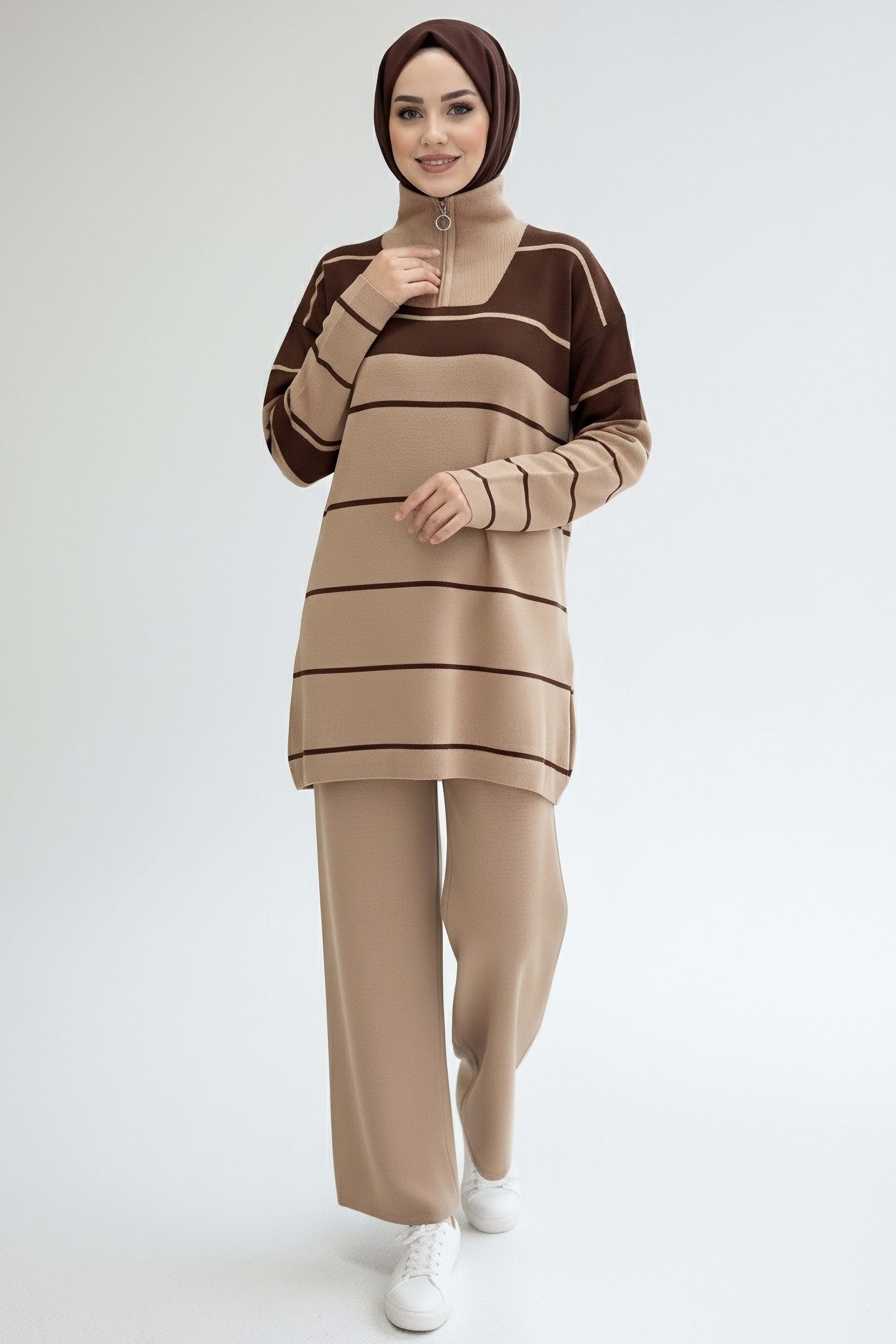 Çizgili Fermuarlı Triko Takım - 27997-VIZON - 3