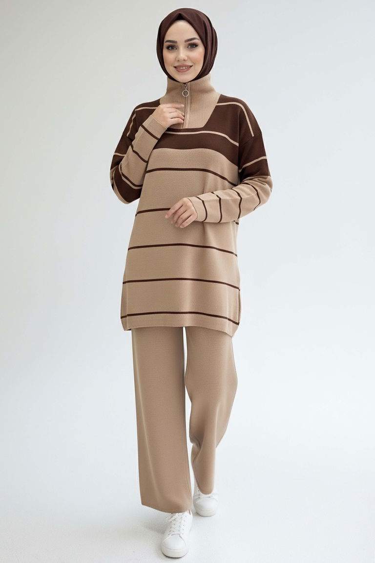Çizgili Fermuarlı Triko Takım - 27997-VIZON - TOFİSA