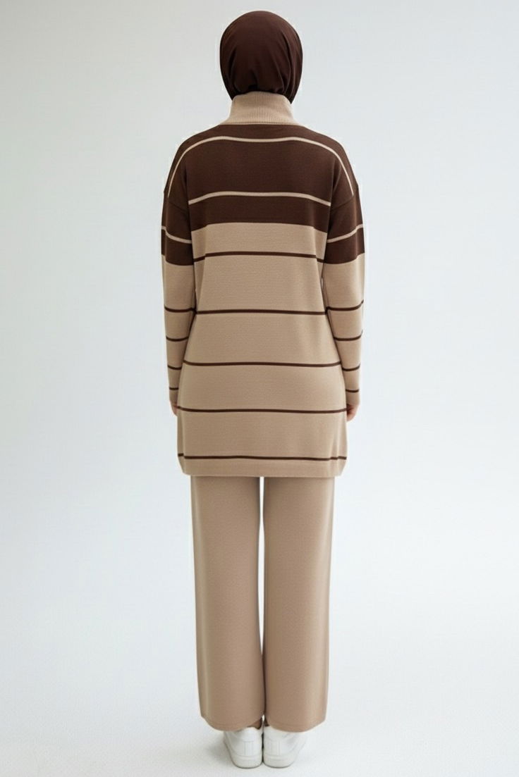 Çizgili Fermuarlı Triko Takım - 27997-VIZON - TOFİSA