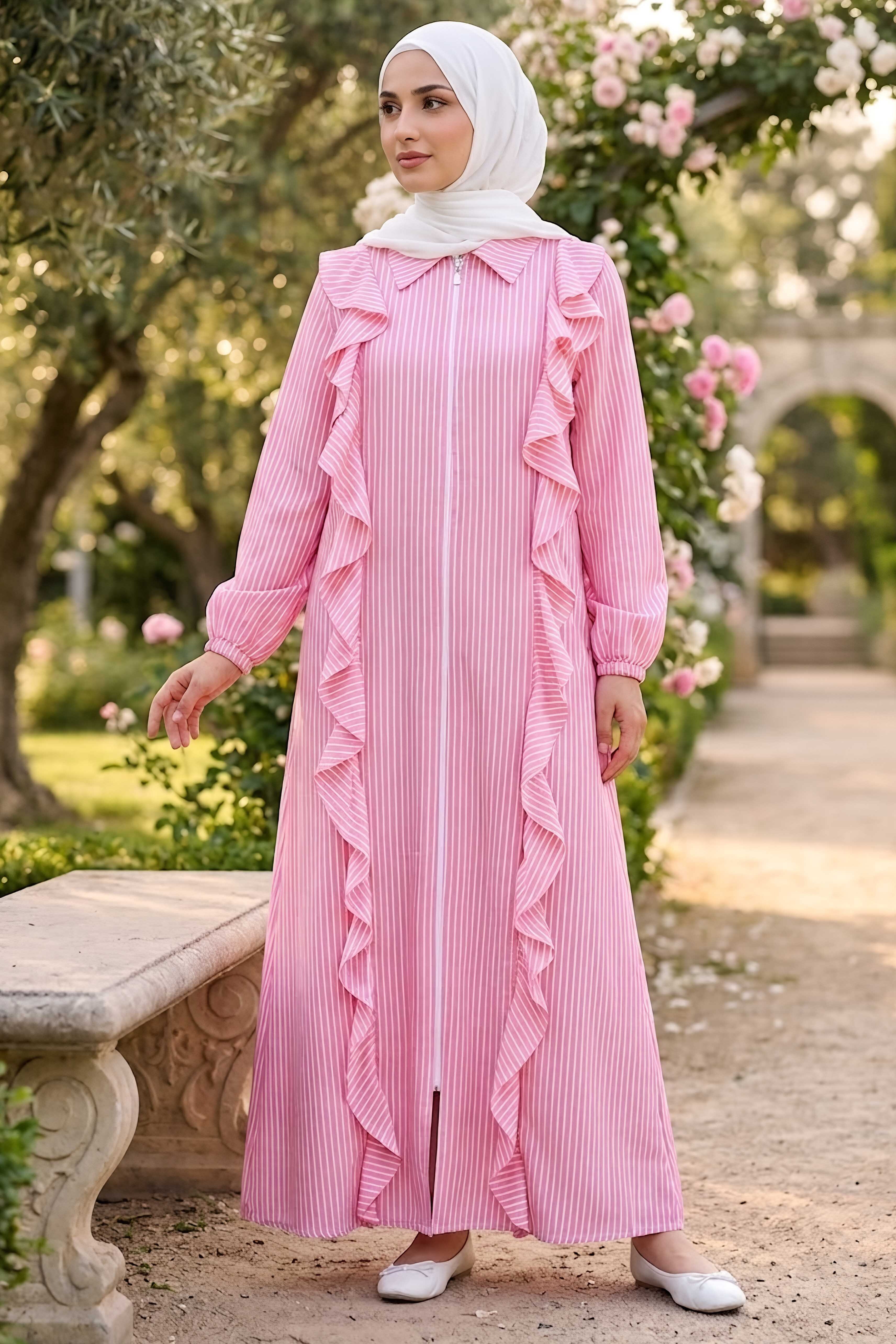 Çizgili Fırfırlı Detaylı Ferace Pembe - 2040-PEMBE - 1