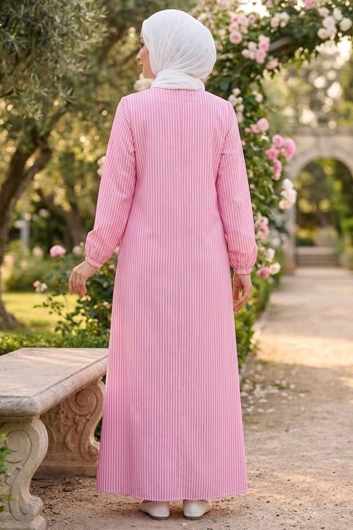 Çizgili Fırfırlı Detaylı Ferace Pembe - 2040-PEMBE - 3