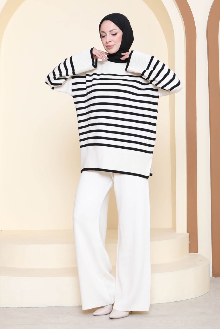 Çizgili İkili Triko Takım - 27926-KREM - TOFİSA