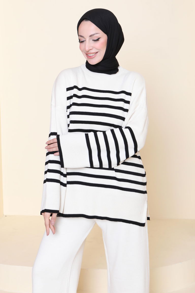 Çizgili İkili Triko Takım - 27926-KREM - TOFİSA