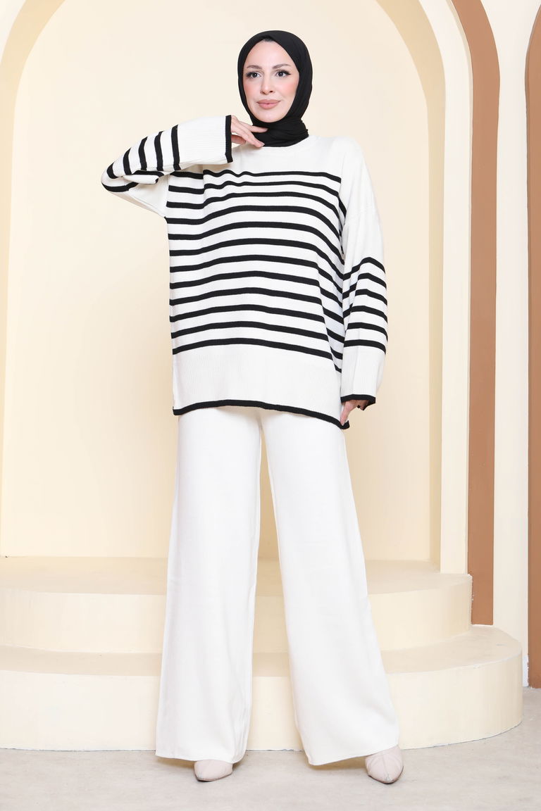 Çizgili İkili Triko Takım - 27926-KREM - TOFİSA