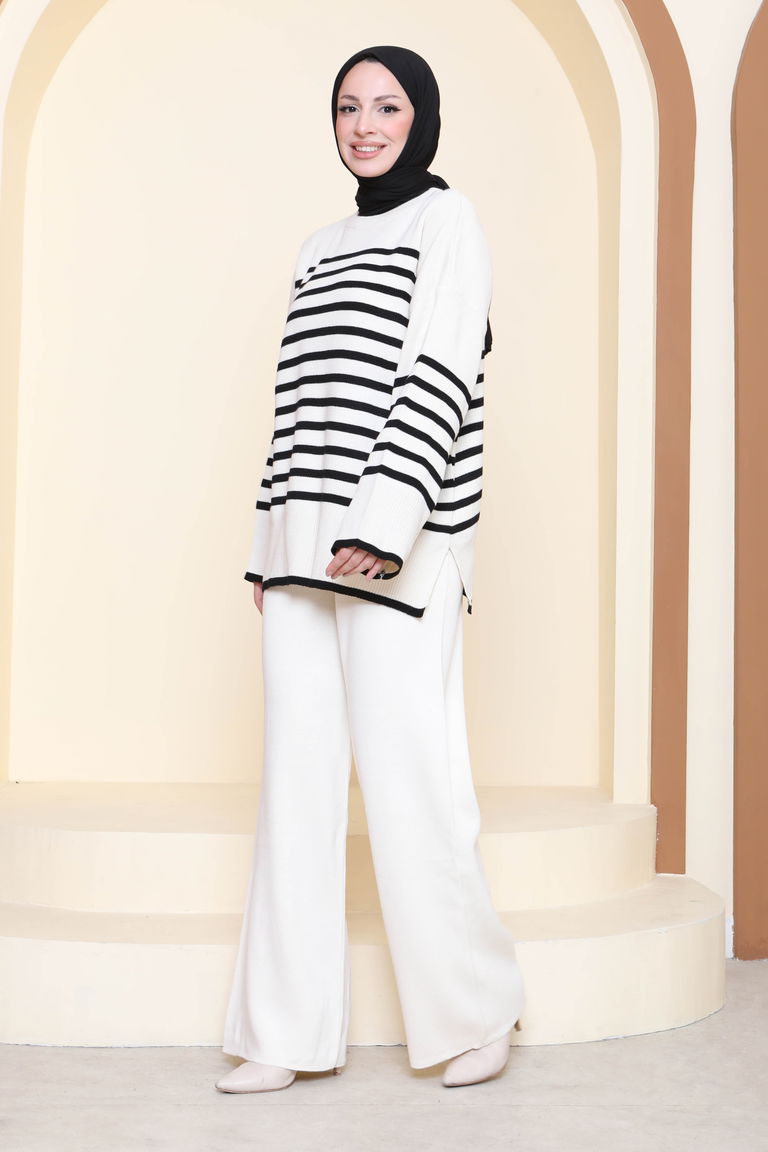 Çizgili İkili Triko Takım - 27926-KREM - TOFİSA