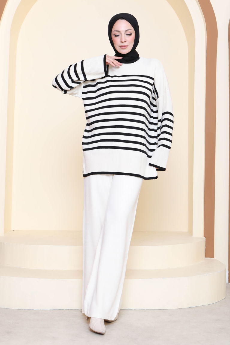 Çizgili İkili Triko Takım - 27926-KREM - TOFİSA