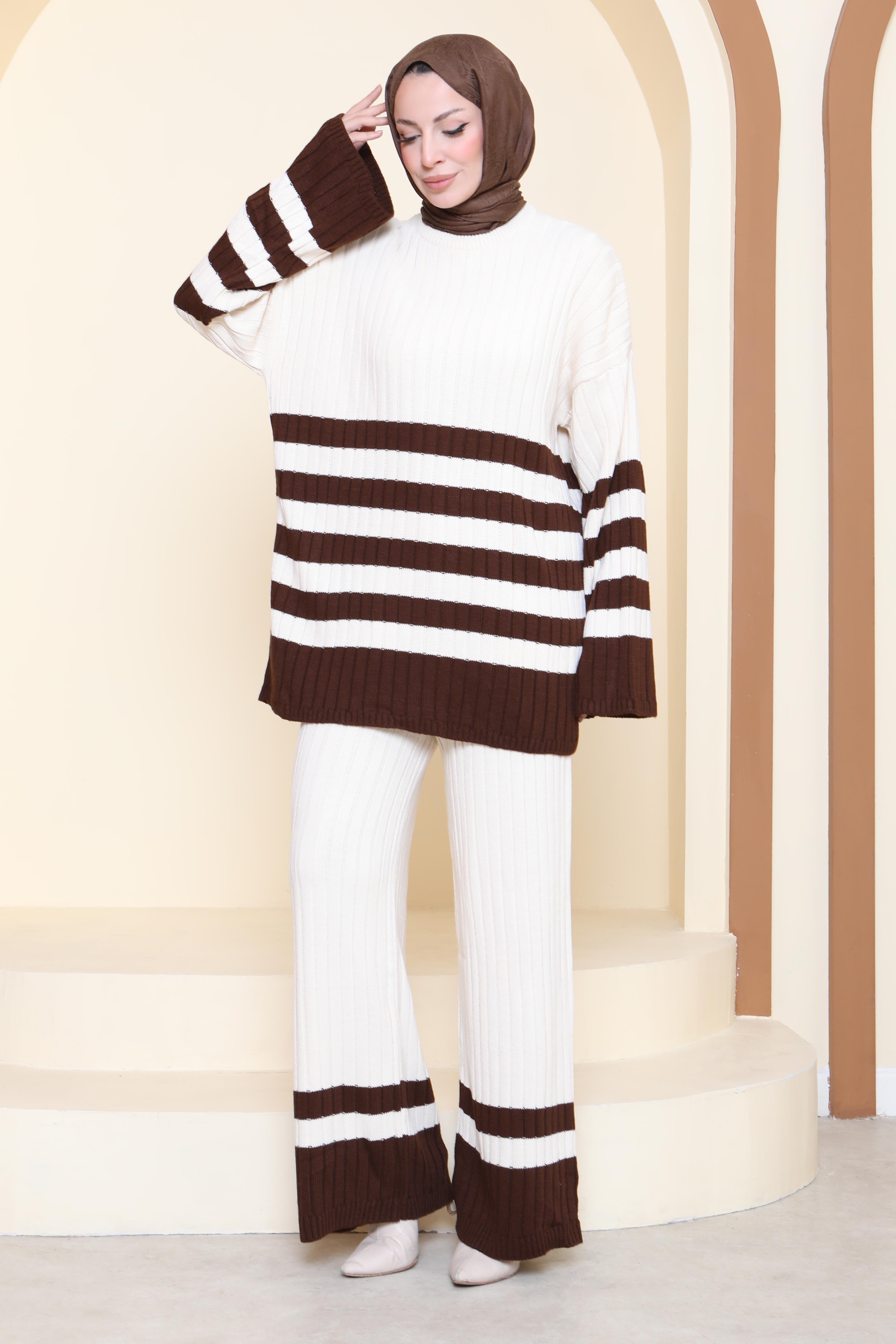 Çizgili İkili Triko Takım - 27927-KREM - 1