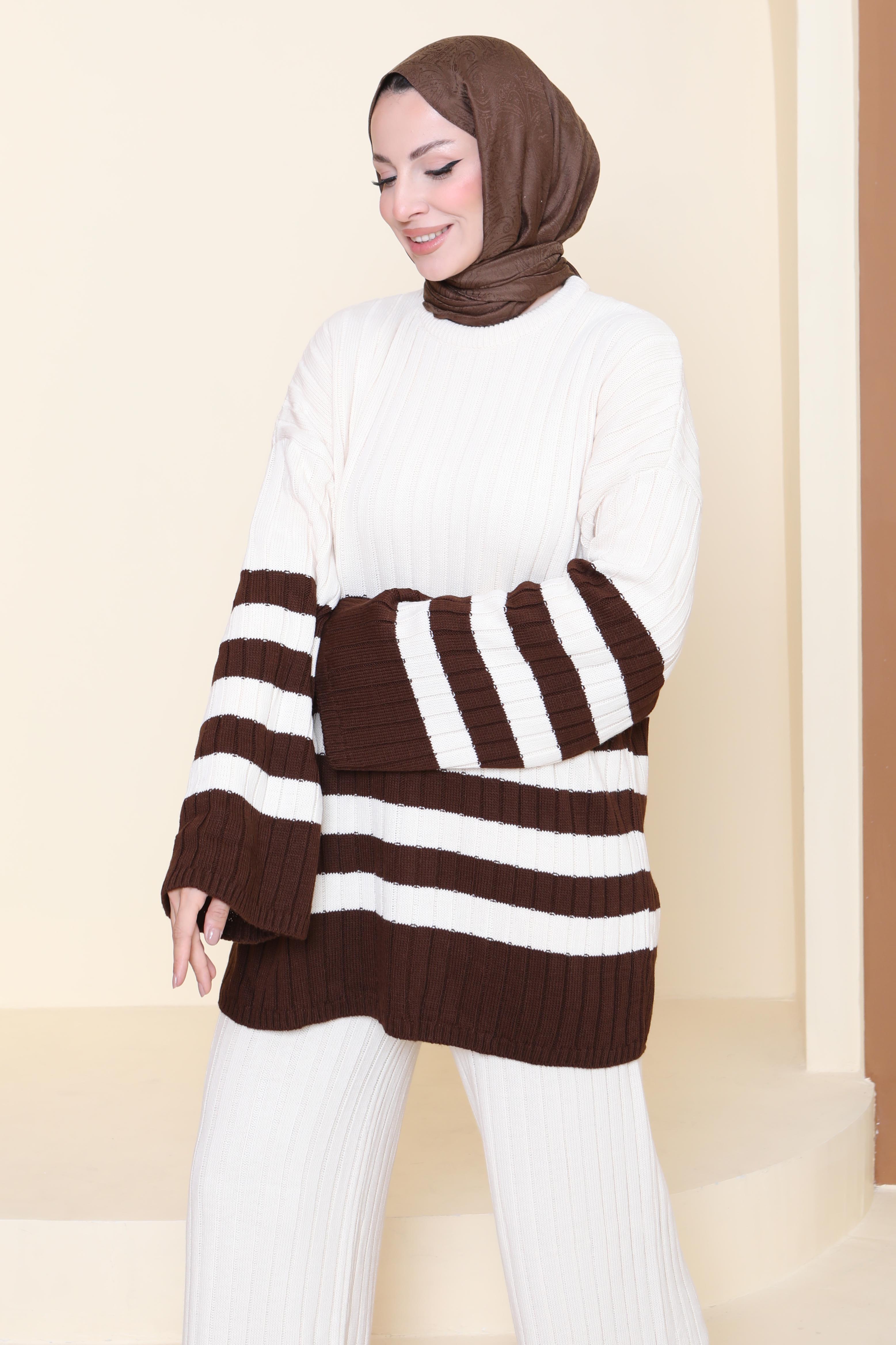 Çizgili İkili Triko Takım - 27927-KREM - 2