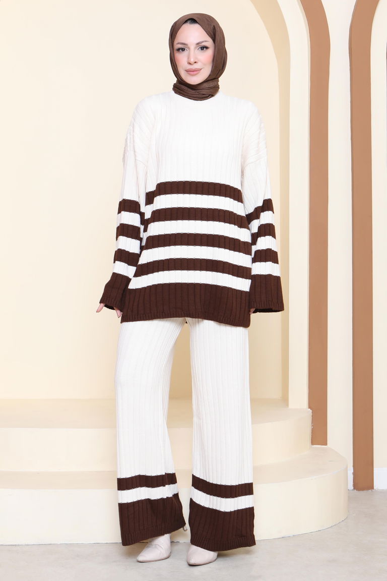 Çizgili İkili Triko Takım - 27927-KREM - TOFİSA