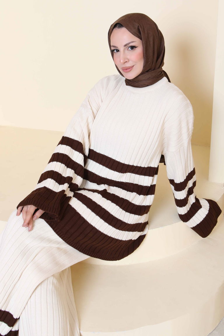 Çizgili İkili Triko Takım - 27927-KREM - TOFİSA