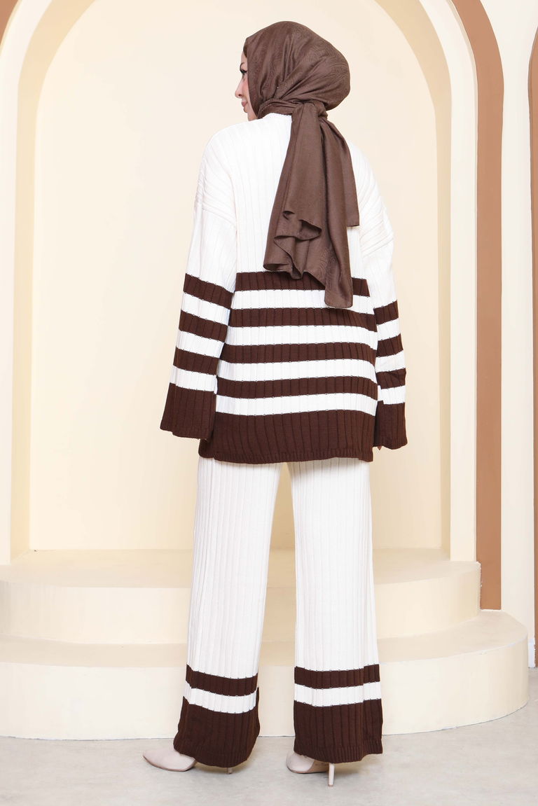 Çizgili İkili Triko Takım - 27927-KREM - TOFİSA