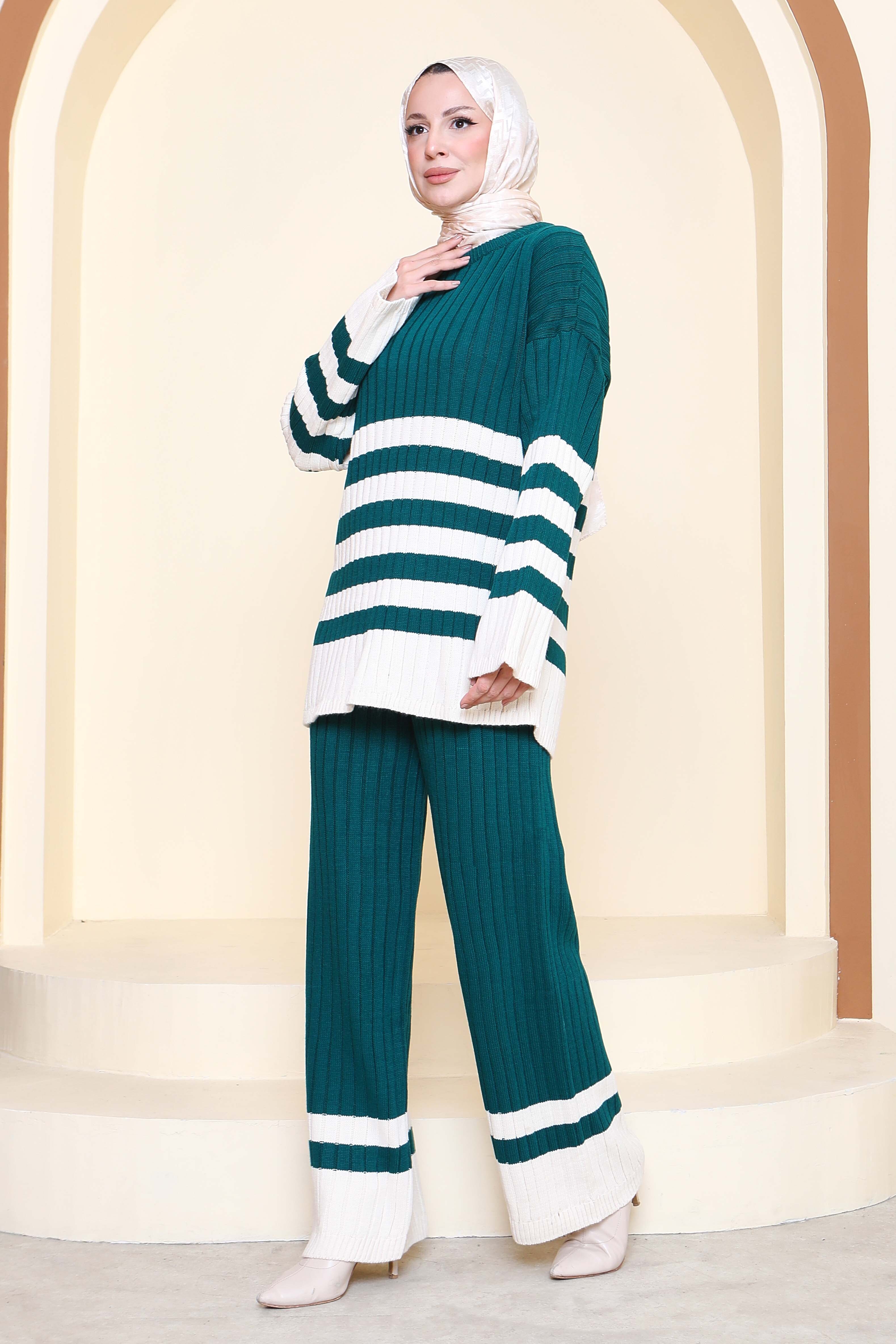 Çizgili İkili Triko Takım - 27927-ZUMRUT - 3