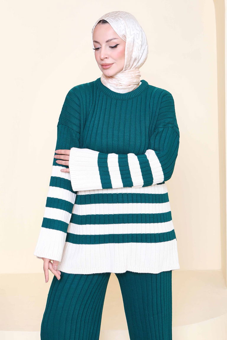 Çizgili İkili Triko Takım - 27927-ZUMRUT - TOFİSA