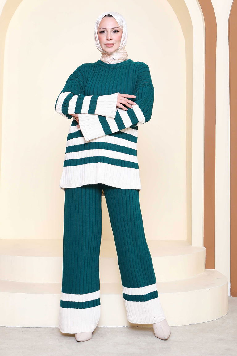 Çizgili İkili Triko Takım - 27927-ZUMRUT - TOFİSA