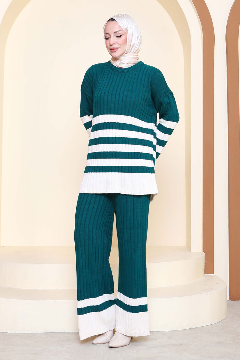 Çizgili İkili Triko Takım - 27927-ZUMRUT - TOFİSA
