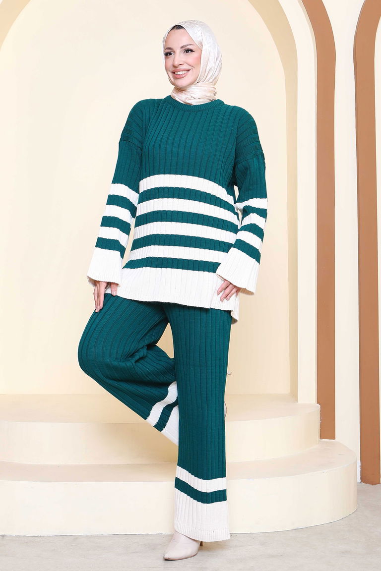 Çizgili İkili Triko Takım - 27927-ZUMRUT - TOFİSA