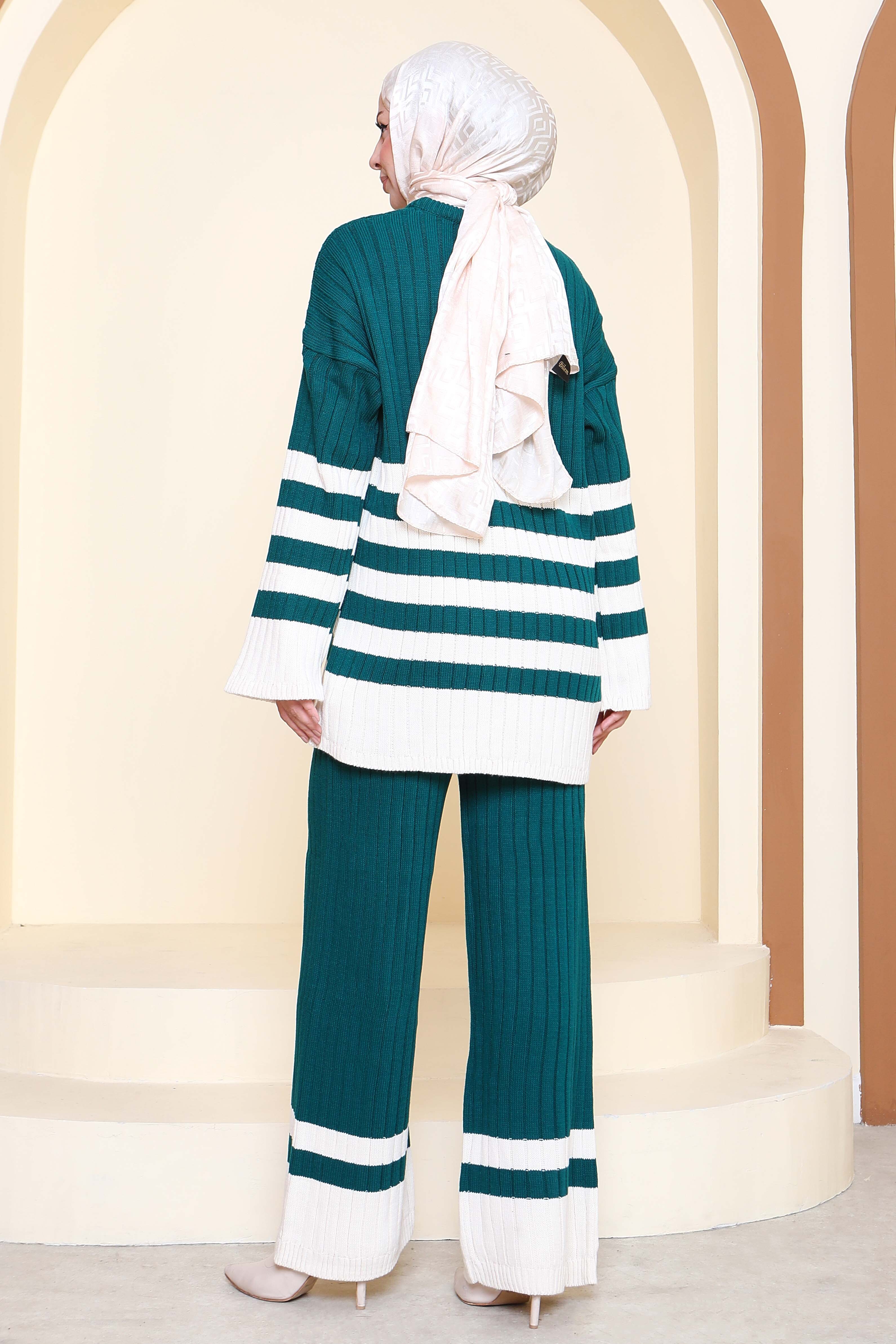 Çizgili İkili Triko Takım - 27927-ZUMRUT - 6