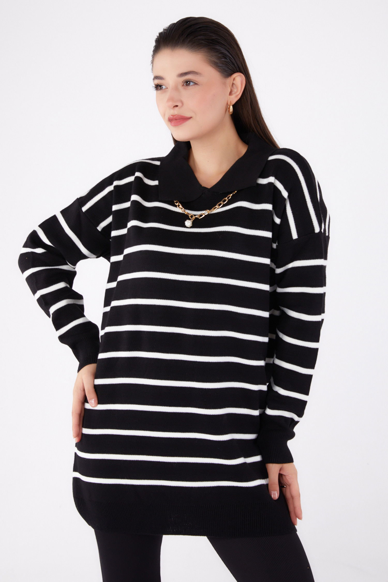 Çizgili Kolyeli Triko Tunik - 27643 - 1