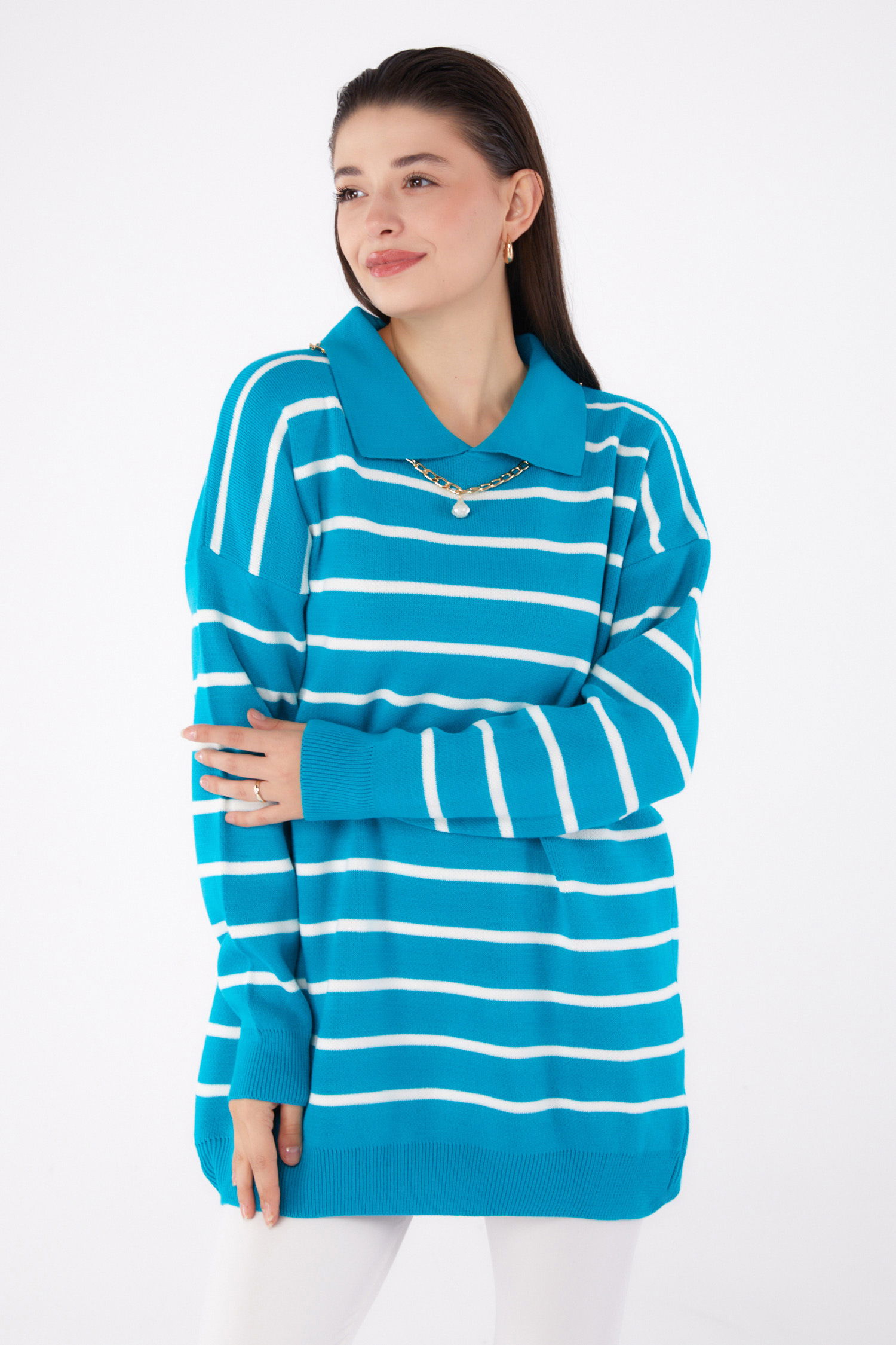 Çizgili Kolyeli Triko Tunik - 27643 - 6