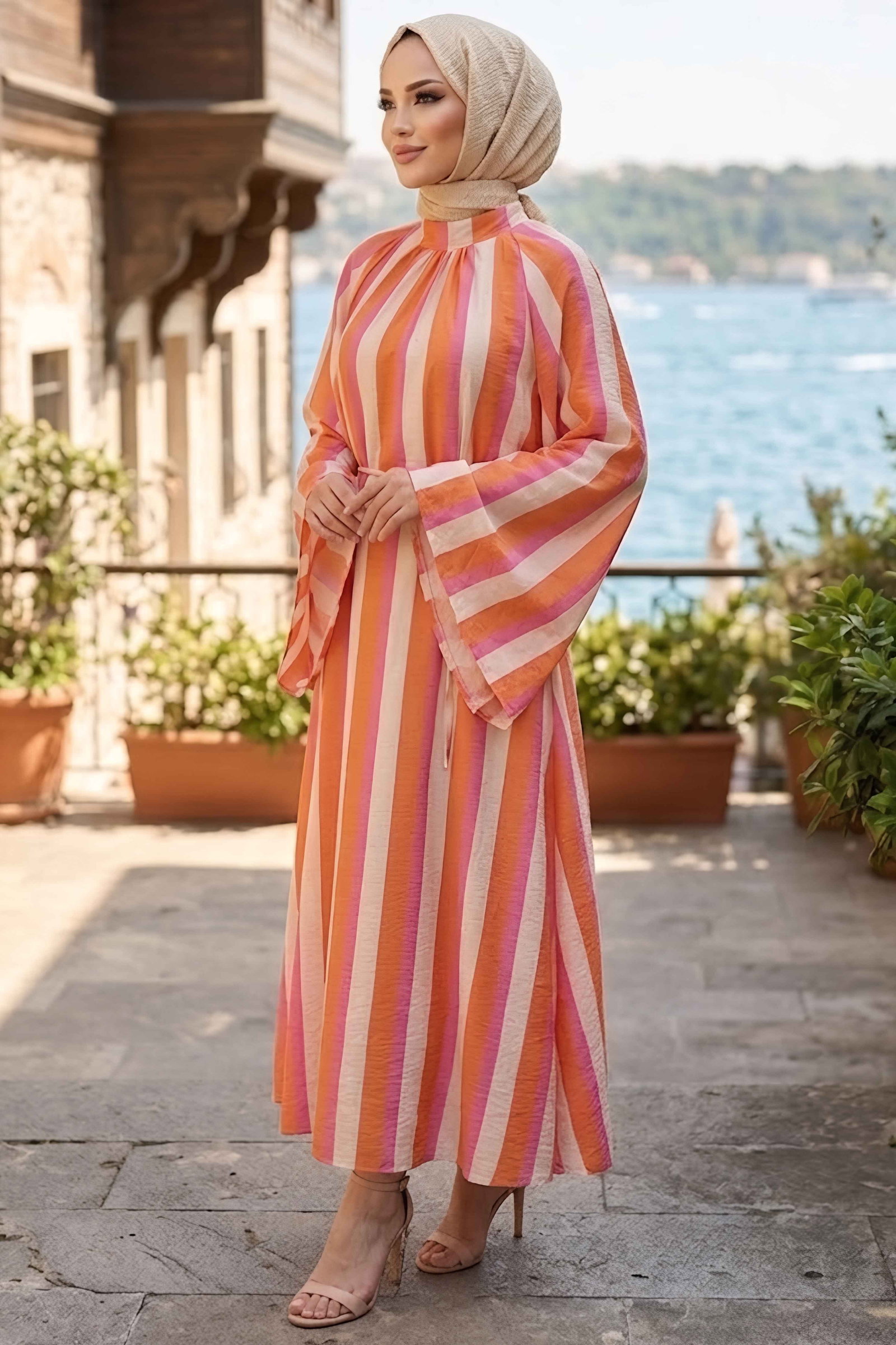 Çizgili Kuşaklı Elbise Orange - 28882-ORANGE - 2