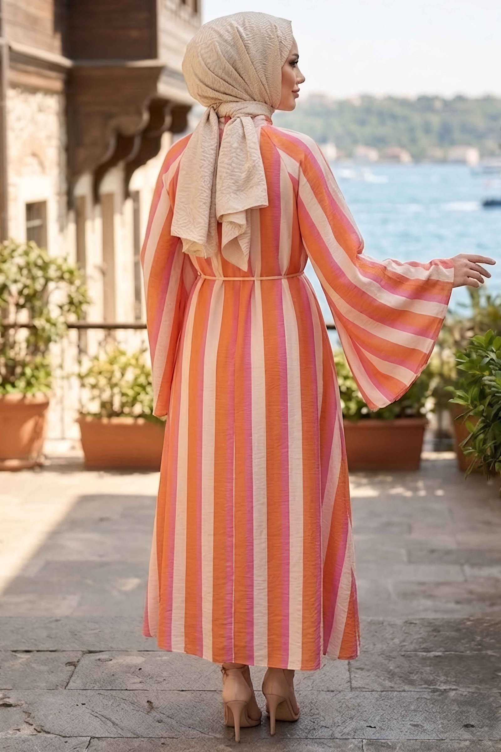 Çizgili Kuşaklı Elbise Orange - 28882-ORANGE - 3