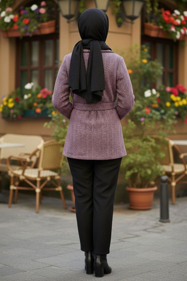 Çizgili Kuşaklı Kaşe Kaban Ceket - 2068-FUSYA - 4