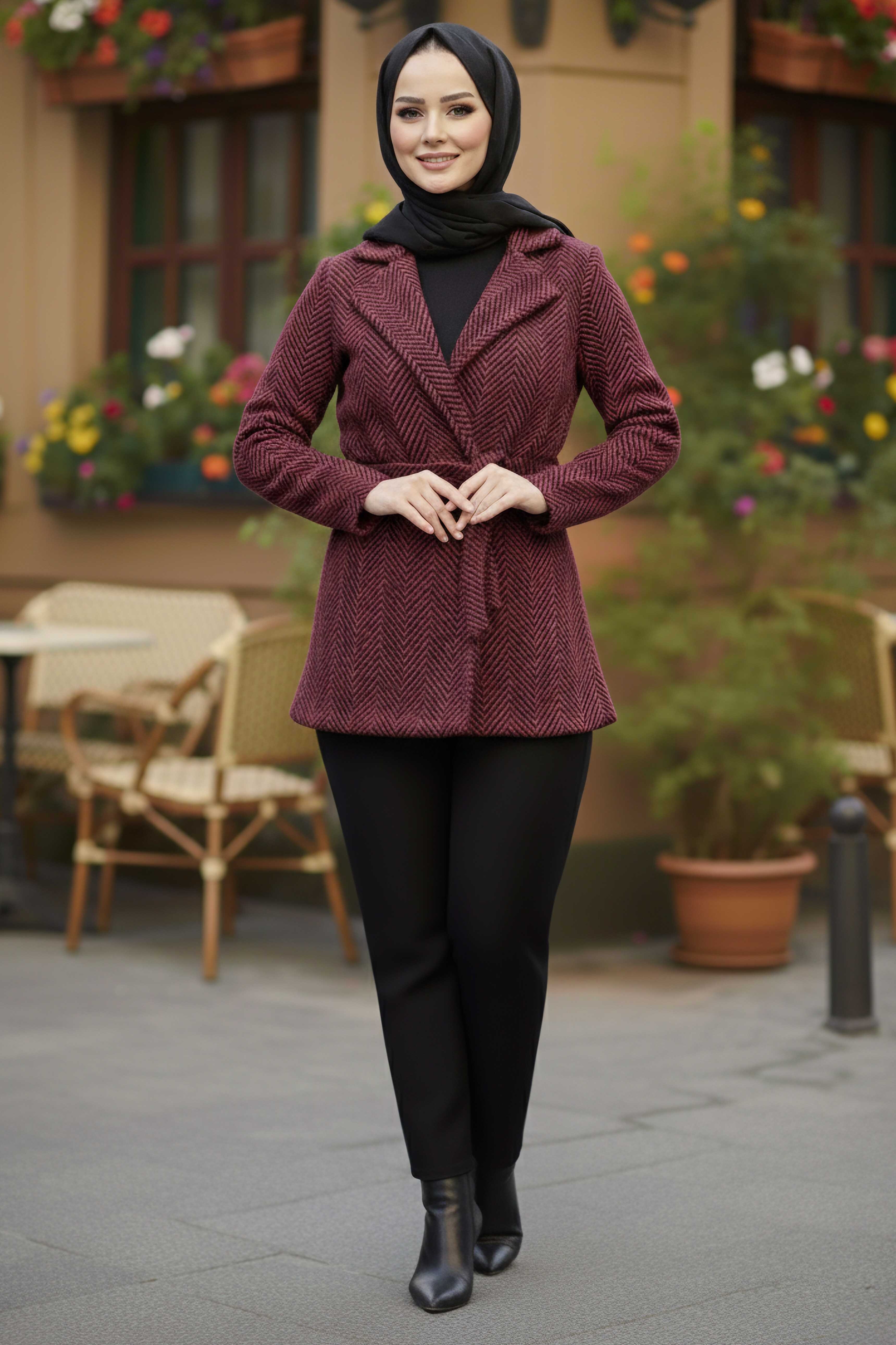 Çizgili Kuşaklı Kaşe Kaban Ceket - 2068-KIRMIZI - 1