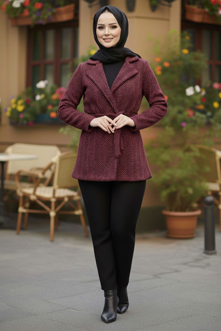 Çizgili Kuşaklı Kaşe Kaban Ceket - 2068-KIRMIZI - TOFİSA