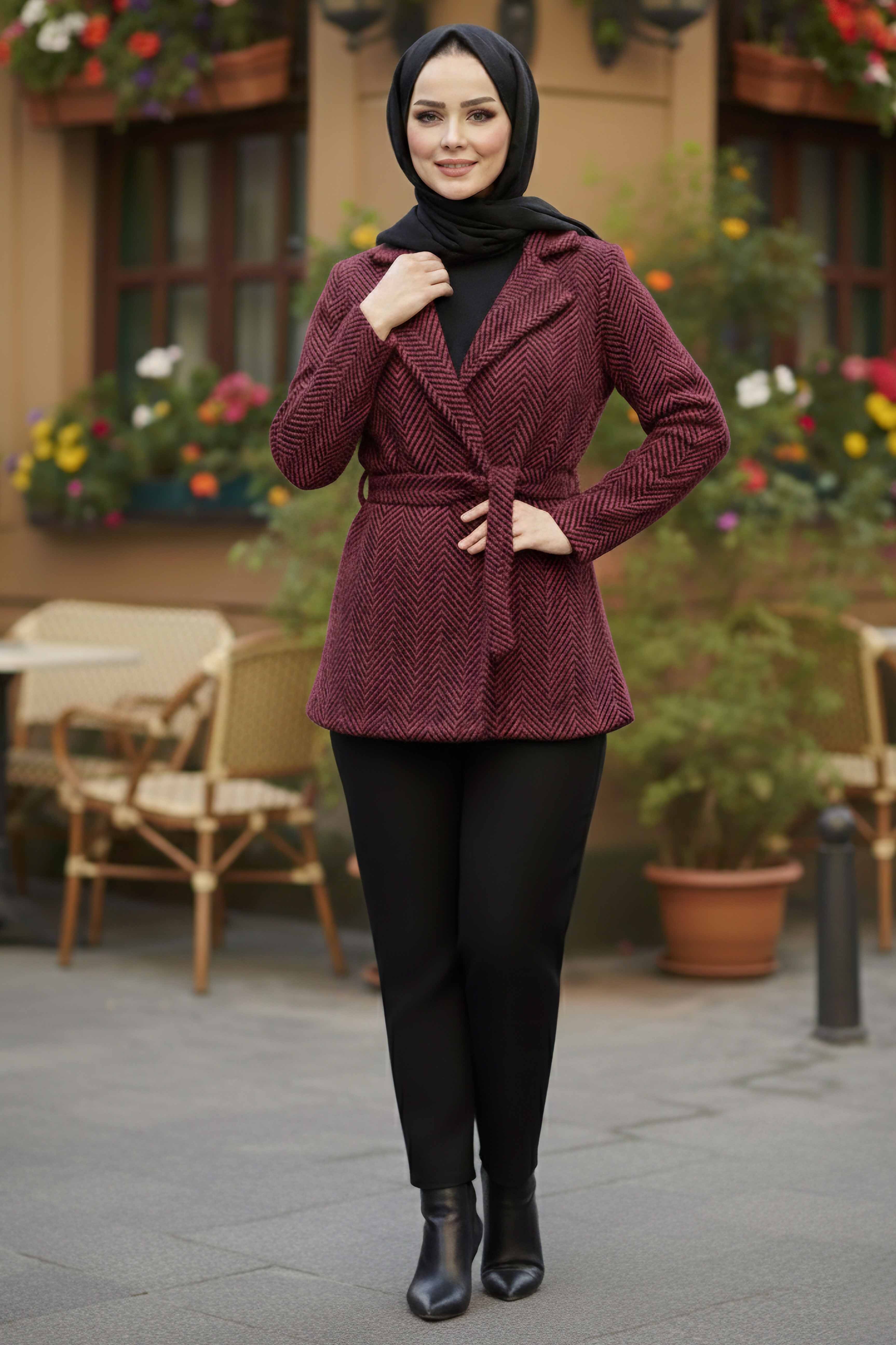 Çizgili Kuşaklı Kaşe Kaban Ceket - 2068-KIRMIZI - 2