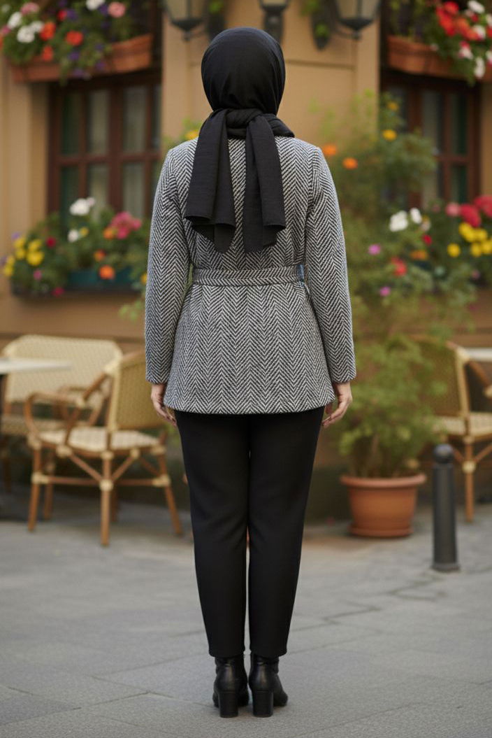 Çizgili Kuşaklı Kaşe Kaban Ceket - 2068-SIYAH - 3