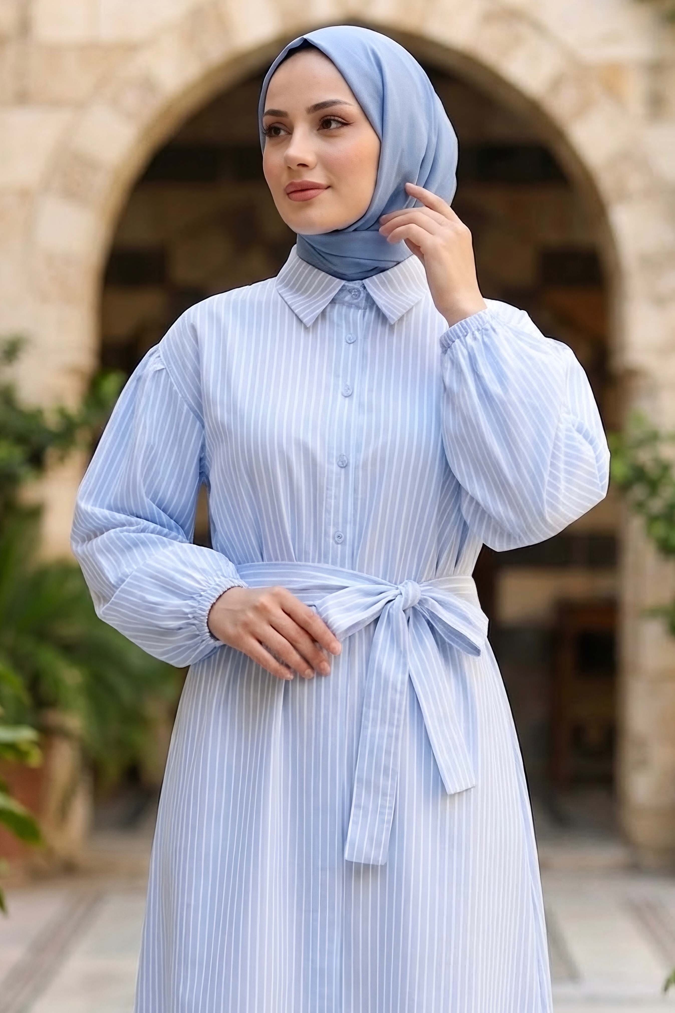 Çizgili Lastik Detaylı Elbise Bebe Mavi - 1331-BEBE-MAVI - 2