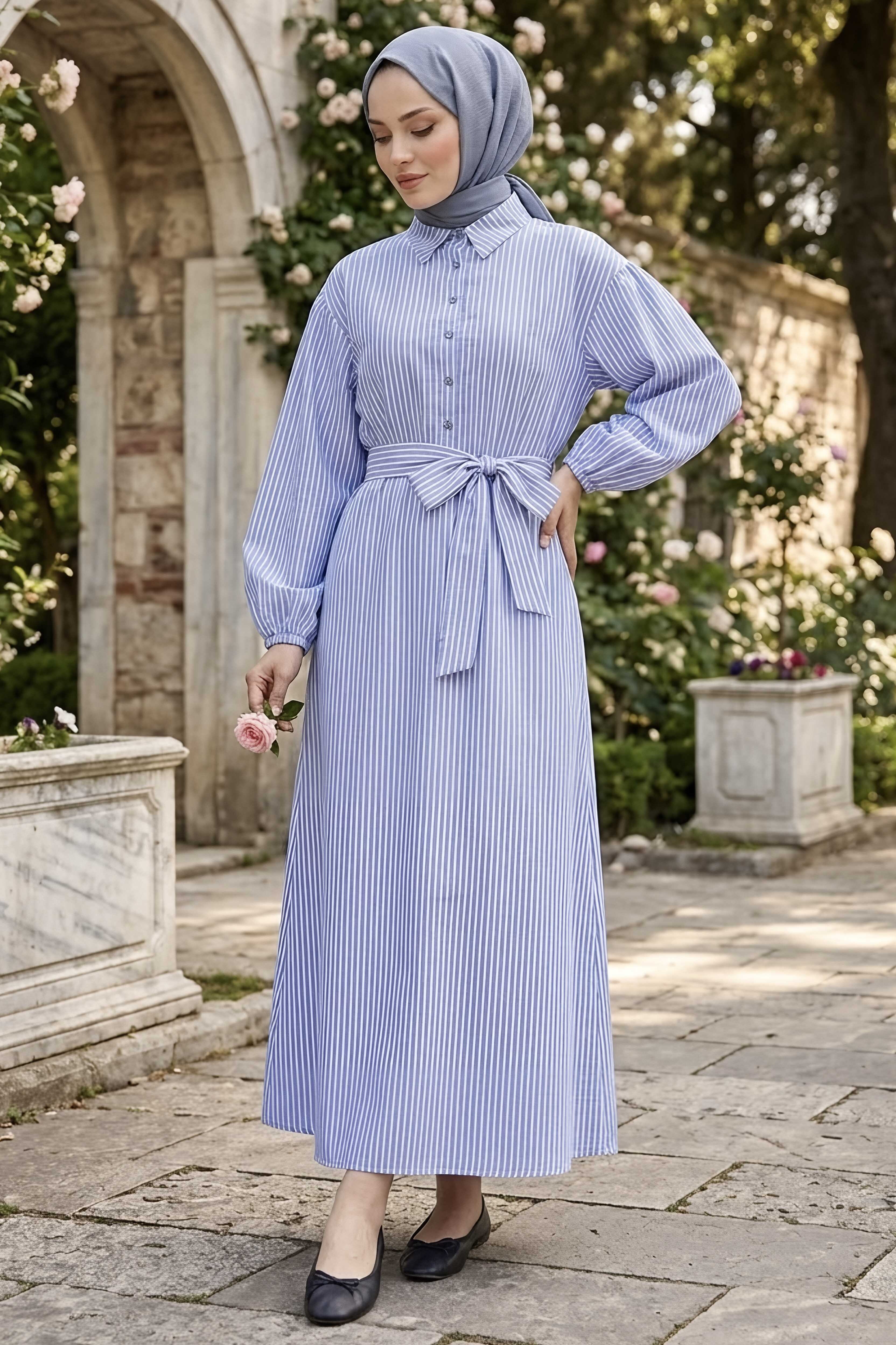 Çizgili Lastik Detaylı Elbise Mavi - 1331-MAVI - 1
