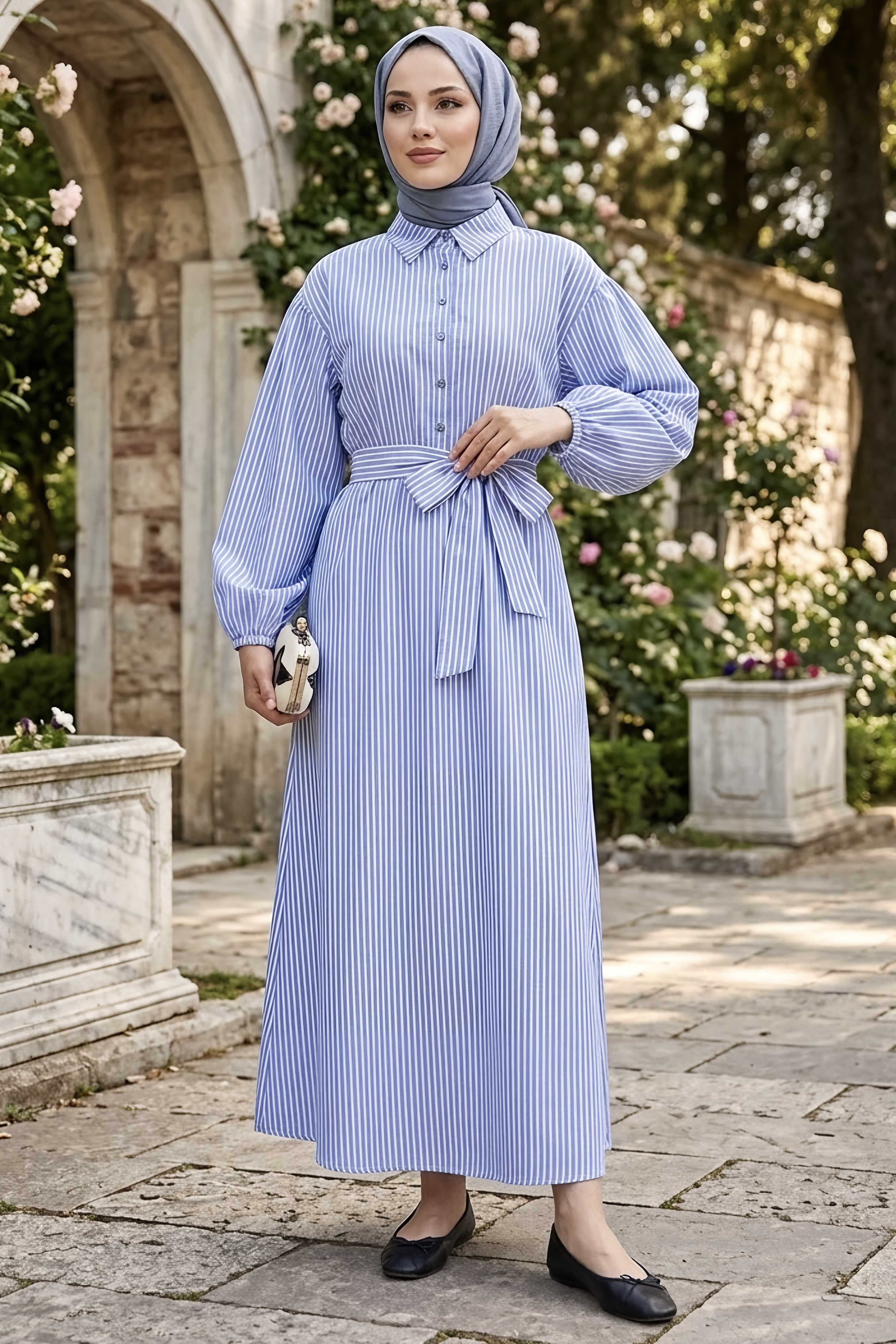 Çizgili Lastik Detaylı Elbise Mavi - 1331-MAVI - 2