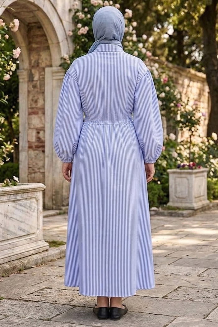 Çizgili Lastik Detaylı Elbise Mavi - 1331-MAVI - 3